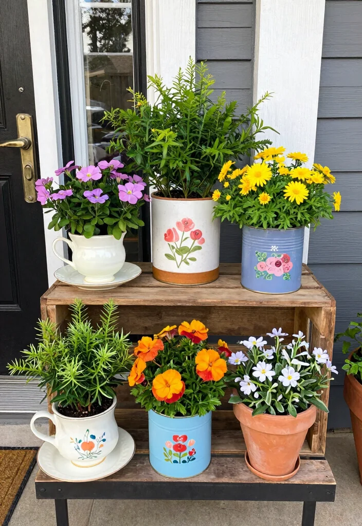 15 Front Door Flower Pots Ideas That Boost Curb Appeal - 6. Upcycled Containers 1