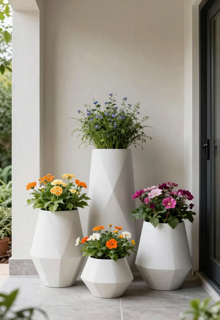 15 Front Door Flower Pots Ideas That Boost Curb Appeal - 9. Modern Geometric Pots 1