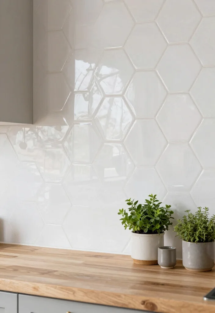 15 Modern Farmhouse Backsplash Ideas With Clean Rustic Touch - 4. Glossy Hexagon Tiles 1
