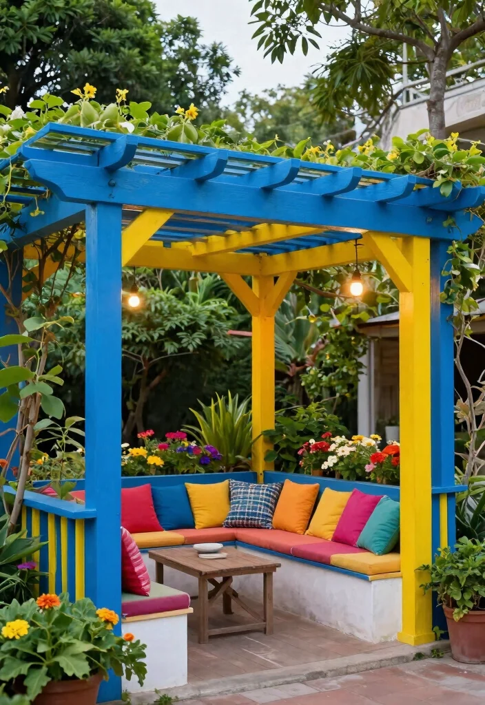 15 Pergola Design Ideas With Modern Outdoor Style - 10. Colorful Painted Pergola 1