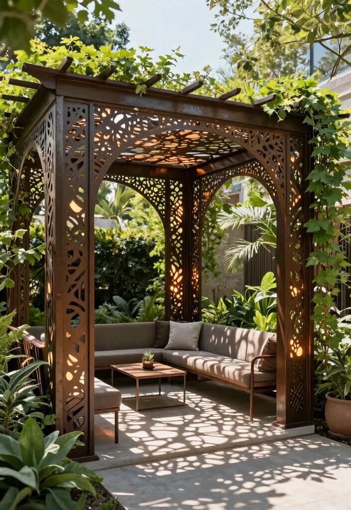 15 Pergola Design Ideas With Modern Outdoor Style - 13. Artistic Metal Designs 1
