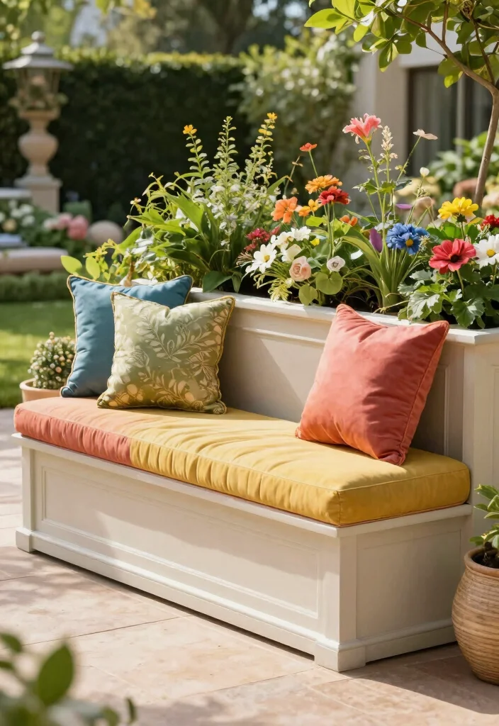 15 Planter Bench Ideas With Functional Garden Seating - 11. Luxurious Upholstered Planter Bench 1