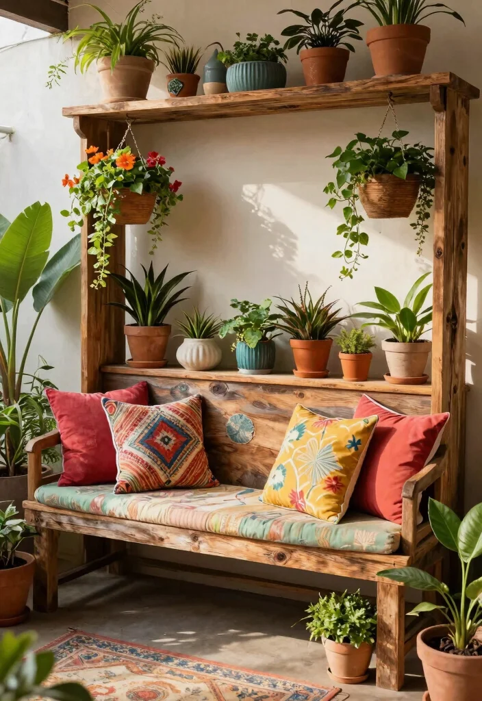 15 Planter Bench Ideas With Functional Garden Seating - 4. Bohemian Chic Planter Bench 1