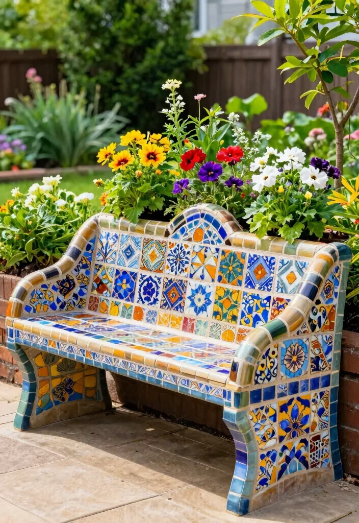 15 Planter Bench Ideas With Functional Garden Seating - 7. Colorful Mosaic Planter Bench 1