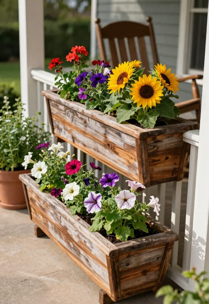 15 Porch Railing Planters Ideas With Blooming Beauty - 1. Rustic Wooden Planters 1