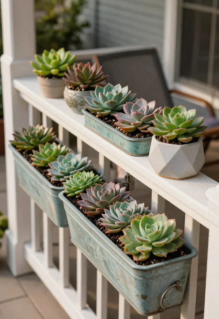 15 Porch Railing Planters Ideas With Blooming Beauty - 10. Low-maintenance Succulent Planters 1