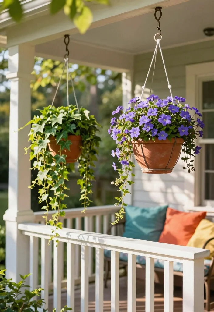 15 Porch Railing Planters Ideas With Blooming Beauty - 5. Hanging Planters 1