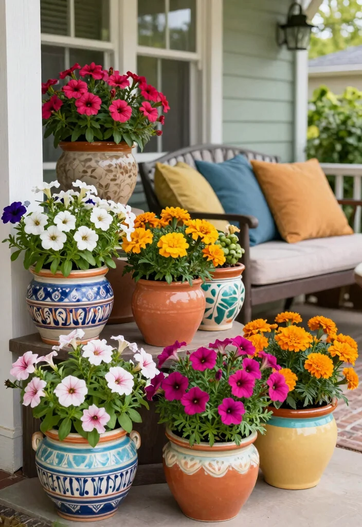 15 Porch Railing Planters Ideas With Blooming Beauty - 6. Colorful Ceramic Planters 1