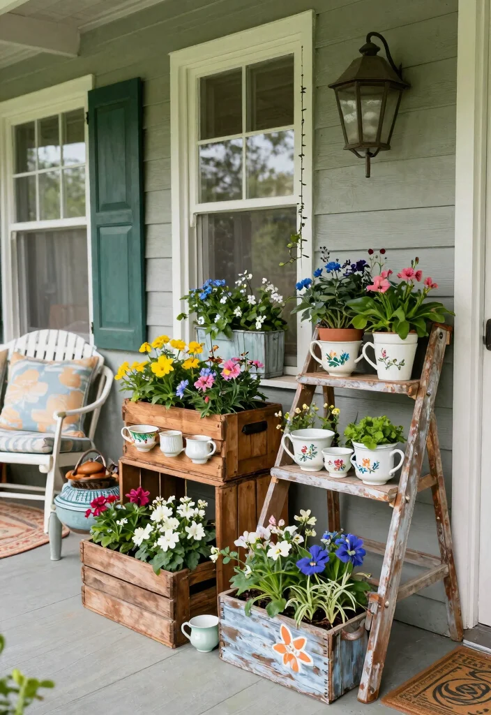 15 Porch Railing Planters Ideas With Blooming Beauty - 7. DIY Repurposed Planters 1