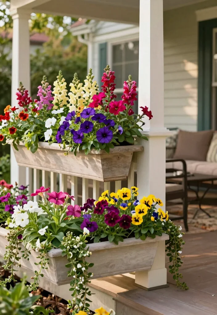 15 Porch Railing Planters Ideas With Blooming Beauty - 9. Boxed Flower Displays 1