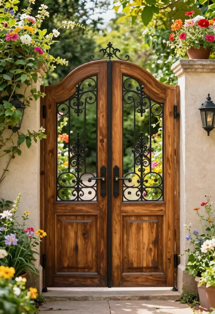 15 Wooden Fence Gate Ideas With Classic Style - 10. Decorative Iron Accents 1