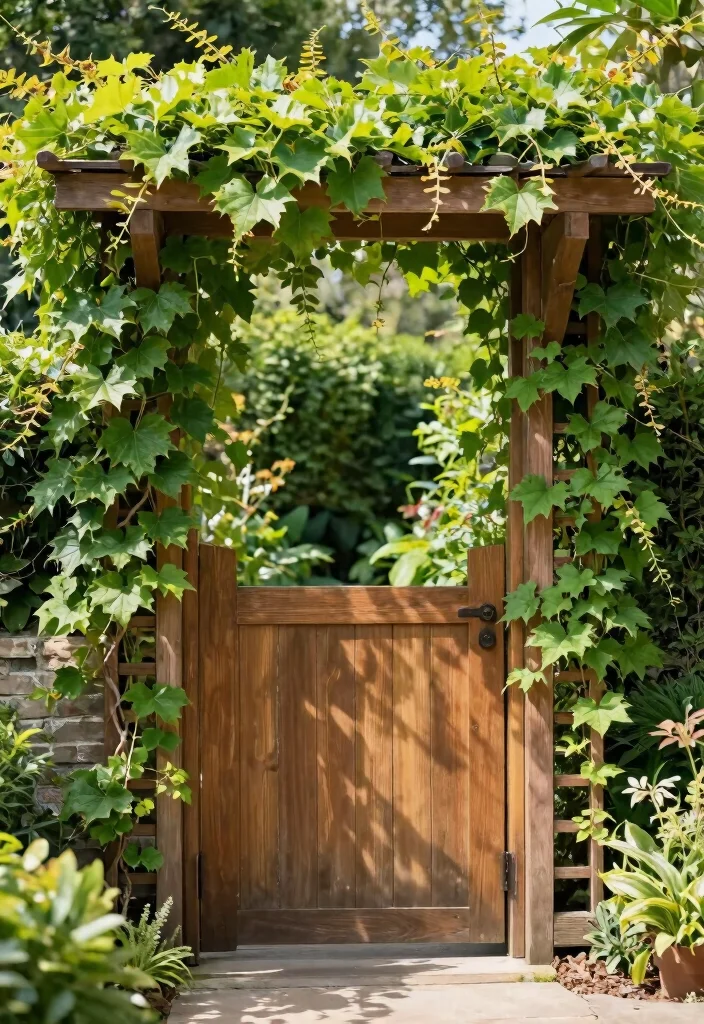 15 Wooden Fence Gate Ideas With Classic Style - 13. Integrated Garden Trellis 1