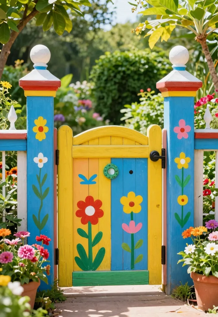 15 Wooden Fence Gate Ideas With Classic Style - 15. Whimsical Painted Gate 1