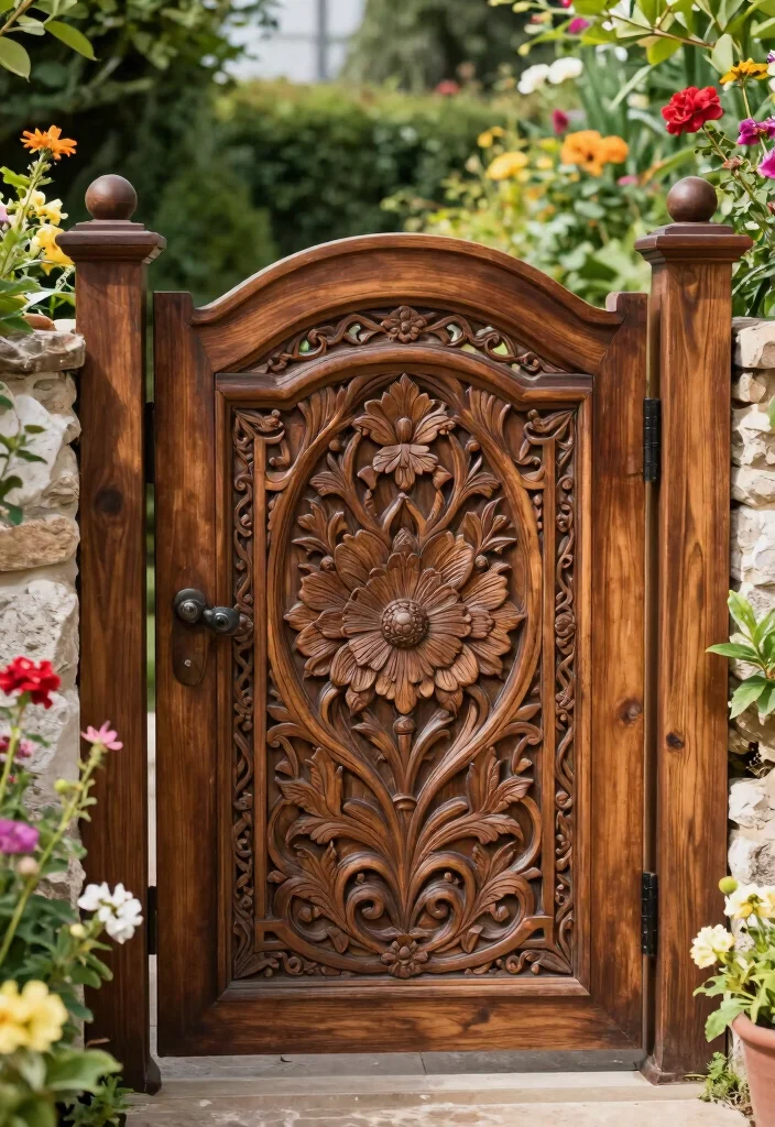 15 Wooden Fence Gate Ideas With Classic Style - 8. Custom Carved Gate 1