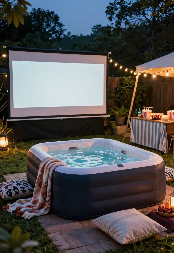 16 Blow Up Hot Tub Ideas for Your Backyard with Fun Relaxing Vibes - 9. Movie Night Under the Stars 1