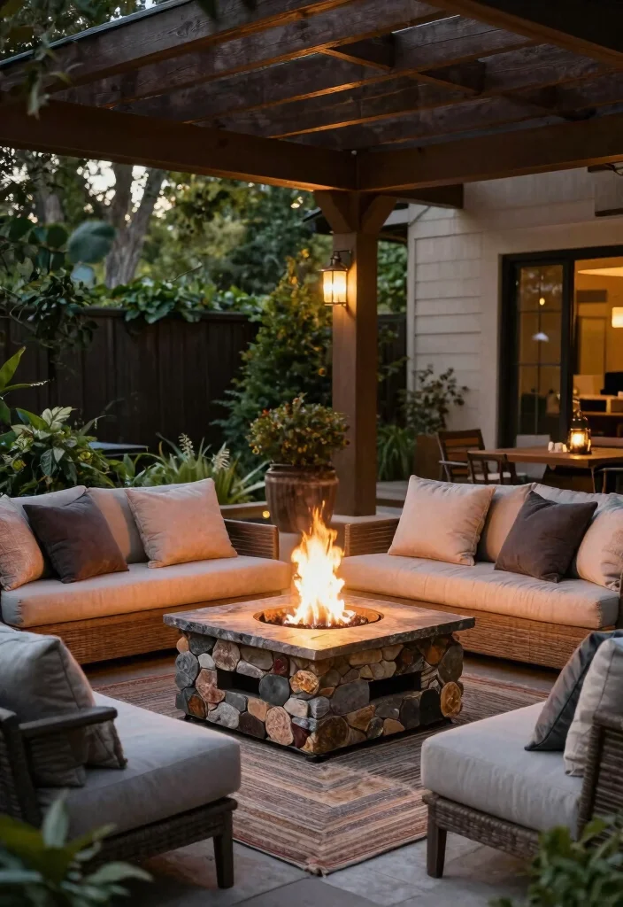 16 Extended Covered Patio Ideas With Extra Living Space - 14. Fire Pit Lounge Area 1