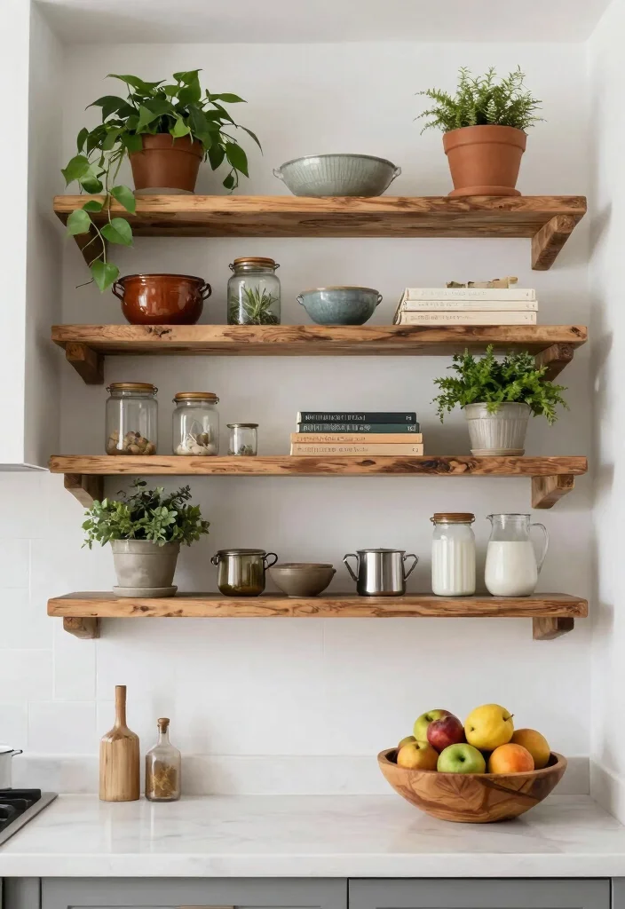 16 Farmhouse Wall Decor Ideas With Rustic Charm - 10. Shelves with Country Accents 1