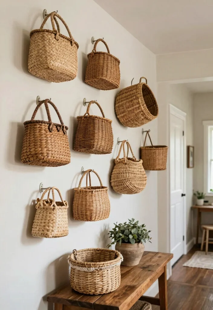 16 Farmhouse Wall Decor Ideas With Rustic Charm - 12. Rustic Baskets Display 1