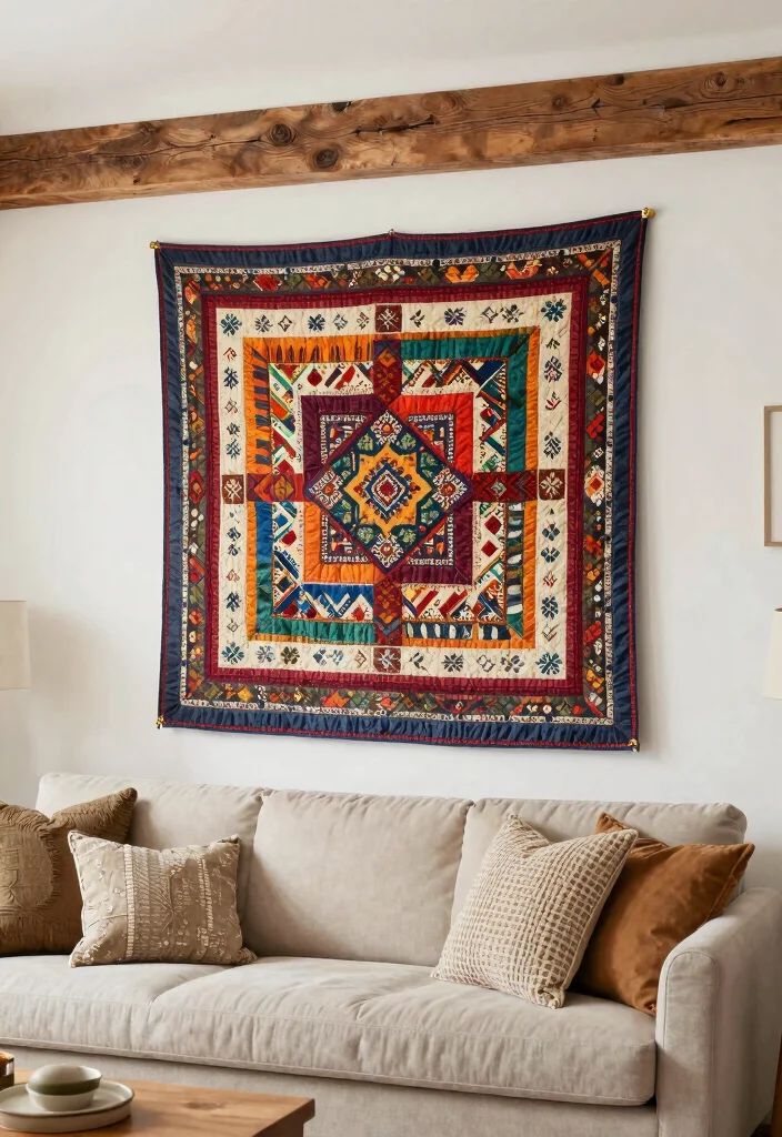 16 Farmhouse Wall Decor Ideas With Rustic Charm - 9. Quilts as Wall Art 1