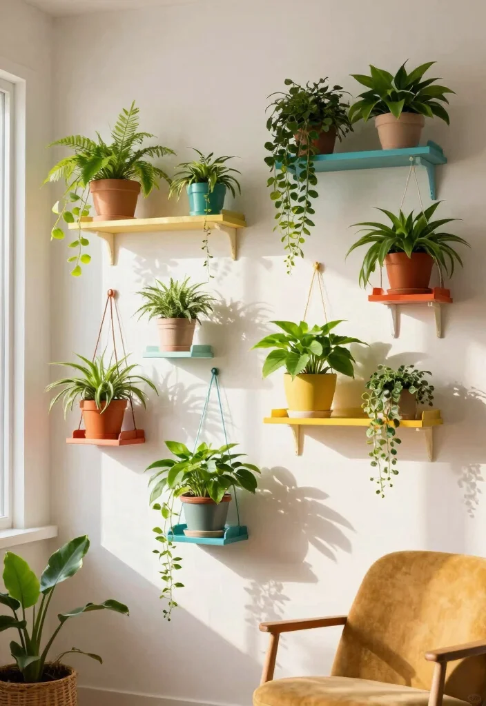 16 Hanging Flower Pots Ideas With Fresh Garden Vibes - 10. Colorful Hanging Plant Shelves 1