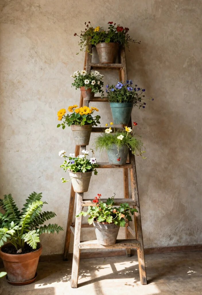 16 Hanging Flower Pots Ideas With Fresh Garden Vibes - 9. Creative Use of Old Ladders 1