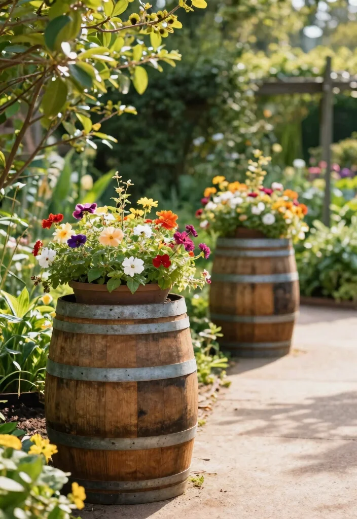 16 Indoor Outdoor Planter Ideas With Versatile Style - 16. Rustic Barrel Planters 1
