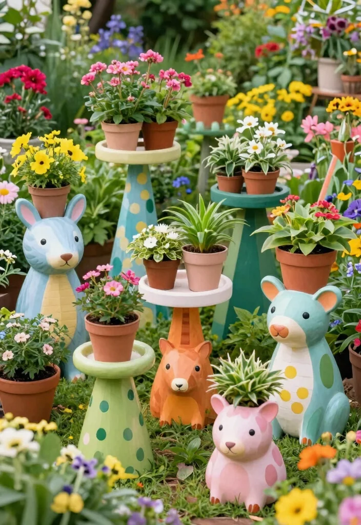 16 Outdoor Plant Stand Ideas That Elevate Your Garden - 15. Whimsical Garden Plant Stands 1