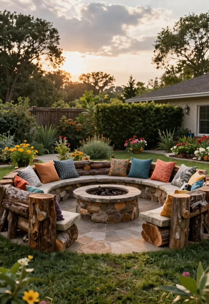 16 Stone Firepits Backyard Ideas With Rustic Appeal - 1. Circular Stone Firepit with Natural Seating 1