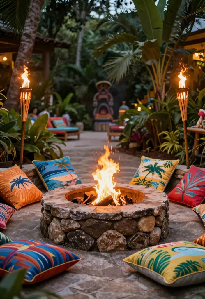16 Stone Firepits Backyard Ideas With Rustic Appeal - 11. Rustic Stone Firepit with Tiki Torches 1