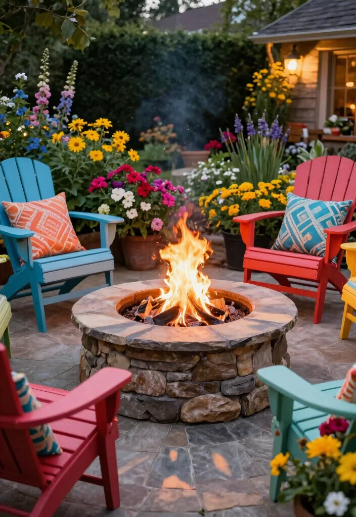 16 Stone Firepits Backyard Ideas With Rustic Appeal - 14. Stone Firepit with Colorful Surroundings 1