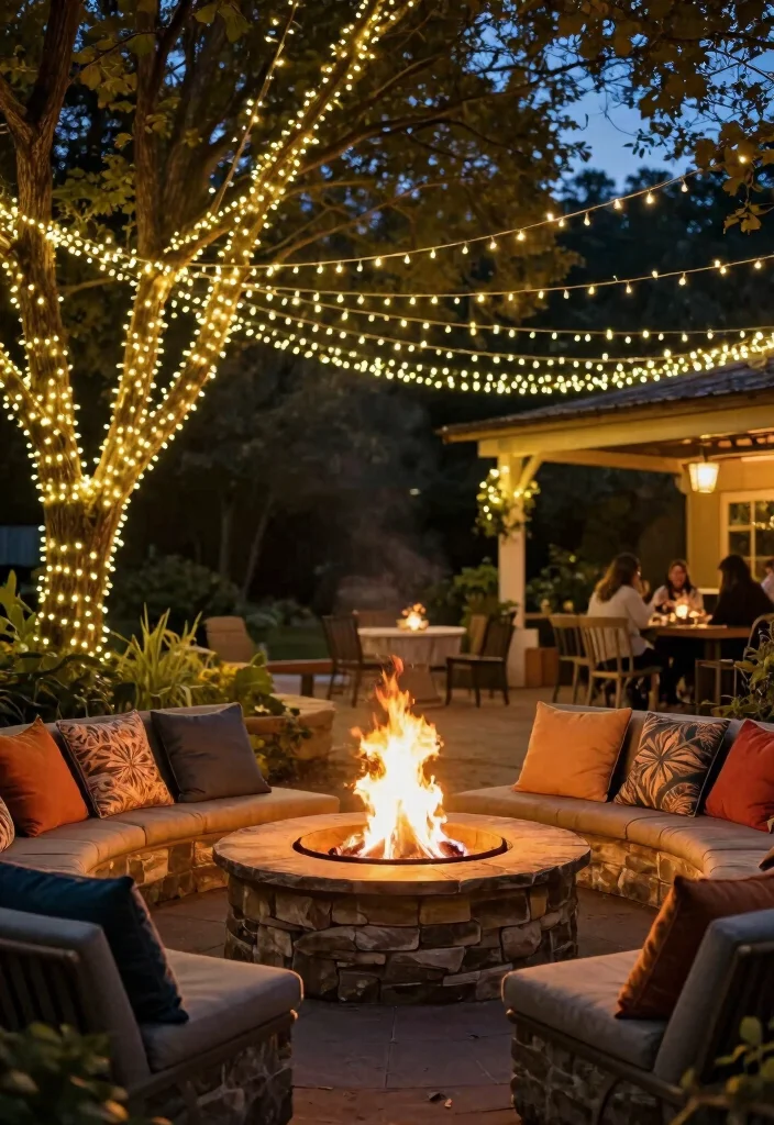 16 Stone Firepits Backyard Ideas With Rustic Appeal - 15. Stone Firepit with String Lights 1