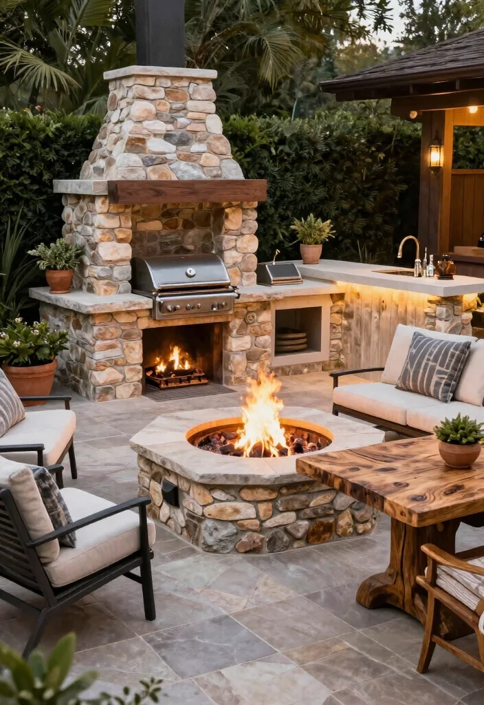 16 Stone Firepits Backyard Ideas With Rustic Appeal - 16. Multi-functional Stone Firepit Area 1