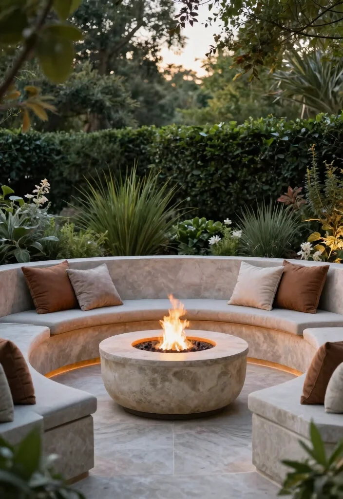 16 Stone Firepits Backyard Ideas With Rustic Appeal - 2. Built-in Stone Firepit with Tiered Seating 1
