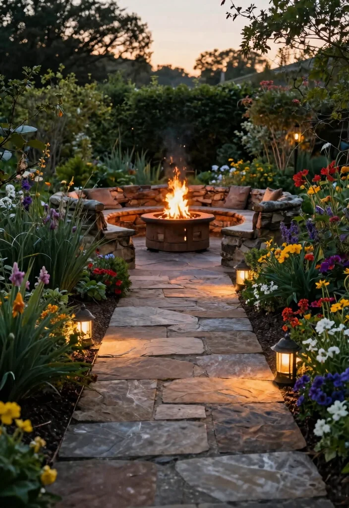 16 Stone Firepits Backyard Ideas With Rustic Appeal - 5. Firepit Featuring a Stone Pathway 1