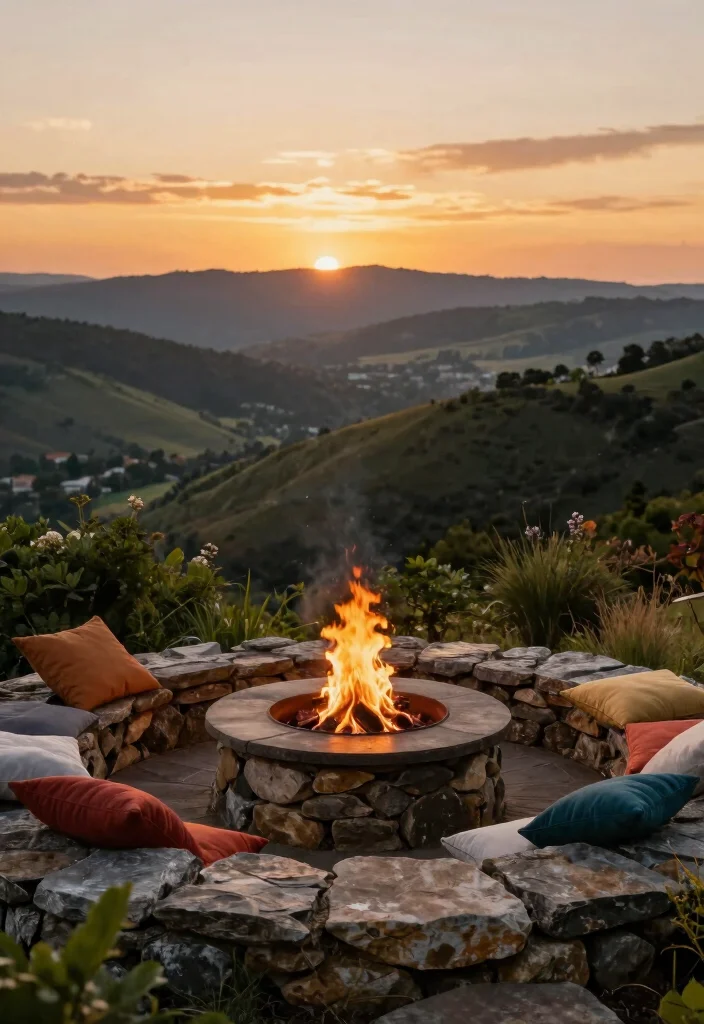 16 Stone Firepits Backyard Ideas With Rustic Appeal - 6. Elevated Stone Firepit with Views 1