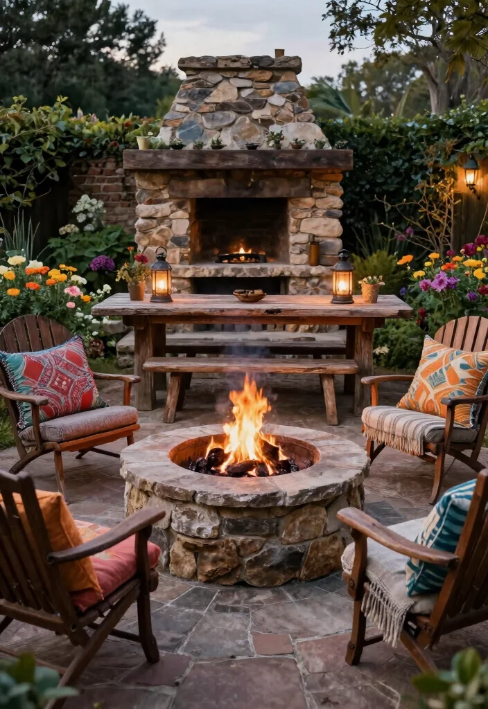 16 Stone Firepits Backyard Ideas With Rustic Appeal - 7. Firepit Surrounded by Rustic Furniture 1