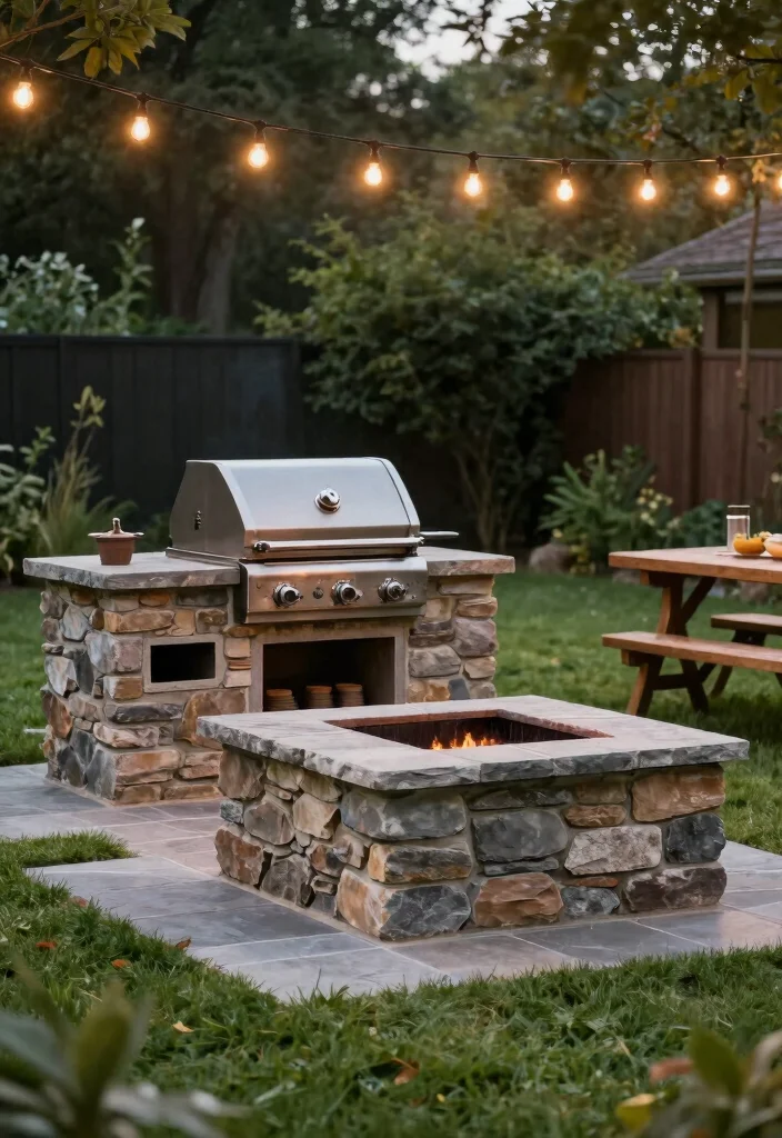 16 Stone Firepits Backyard Ideas With Rustic Appeal - 8. Stone Firepit with Built-in Grill 1