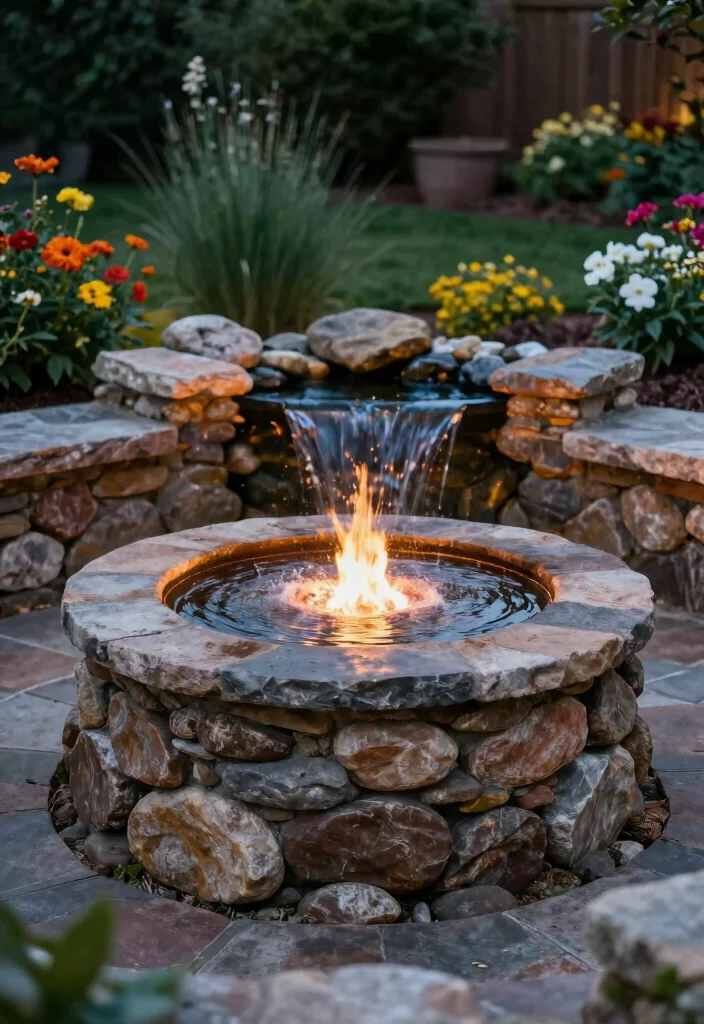 16 Stone Firepits Backyard Ideas With Rustic Appeal - 9. Stone Firepit with Water Feature 1