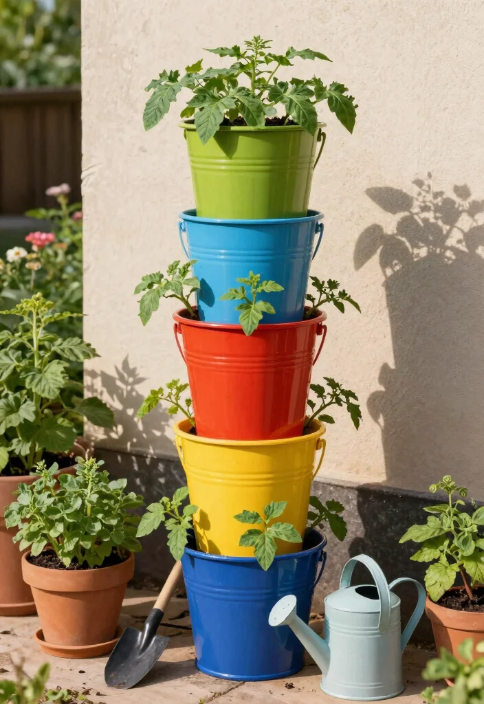 16 Tomato Planter Ideas That Maximize Growth - 11. Bucket Towers 1