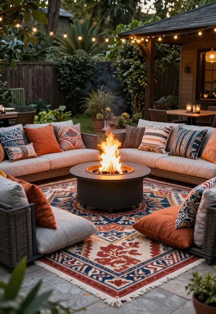 17 Fire Pit Patio Ideas That Bring Cozy Nights - 12. Fire Pit with Cozy Outdoor Rugs 1