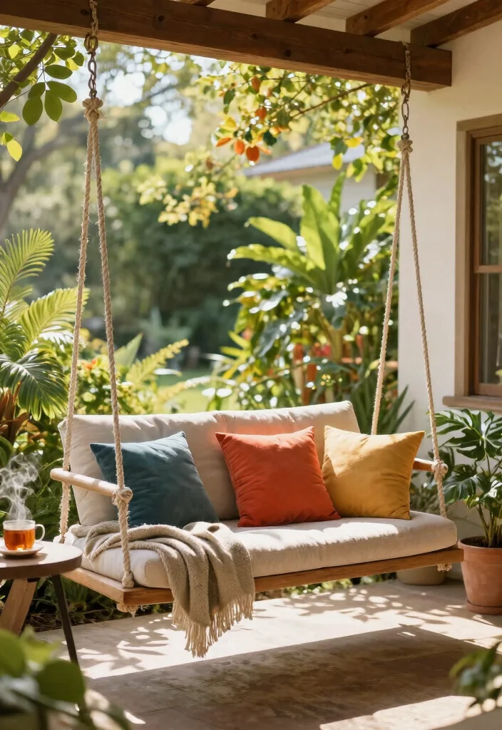 17 Front Porch Chairs Ideas With Relaxing Charm - 16. Cozy Lounge Swing 1