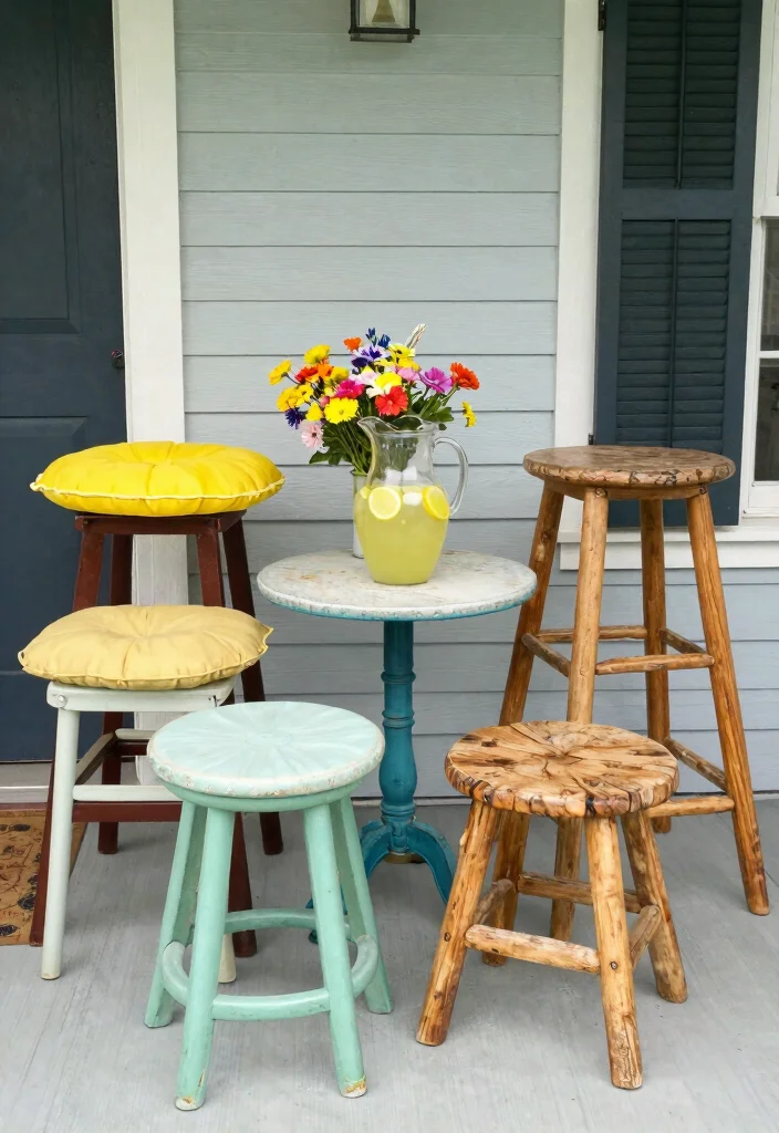17 Front Porch Chairs Ideas With Relaxing Charm - 17. Vintage Stools 1