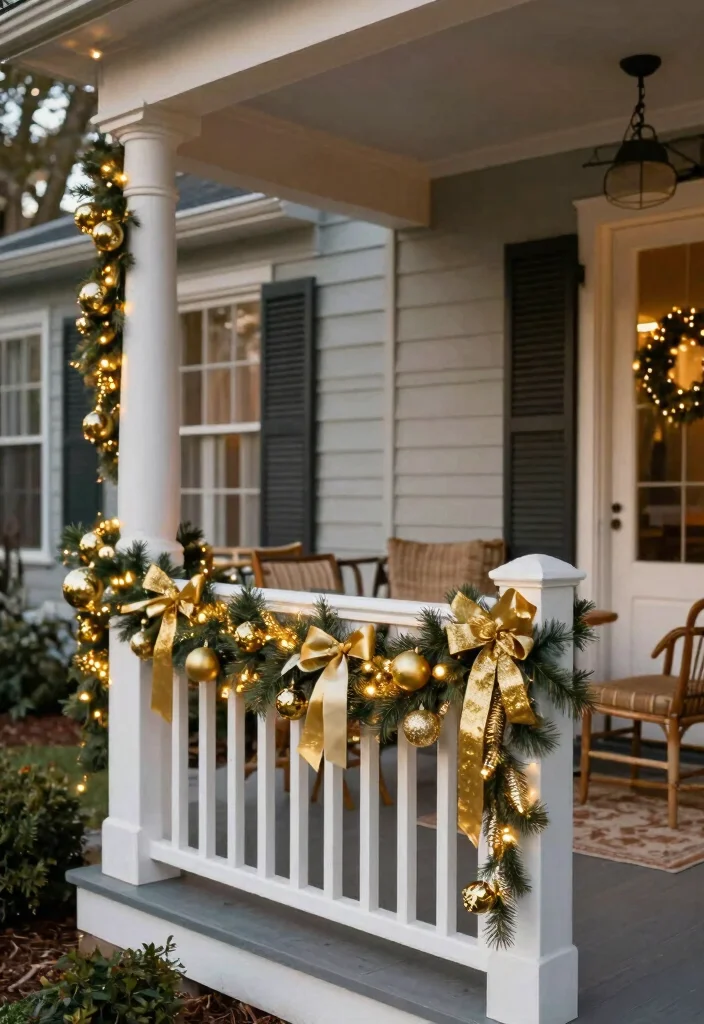 17 Front Porch Garland Christmas Ideas With Holiday Charm - 11. Elegant Gold Highlights 1