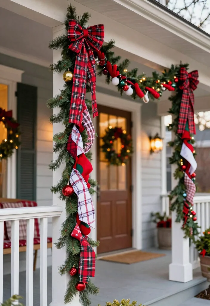 17 Front Porch Garland Christmas Ideas With Holiday Charm - 12. Joyful Plaid Accents 1