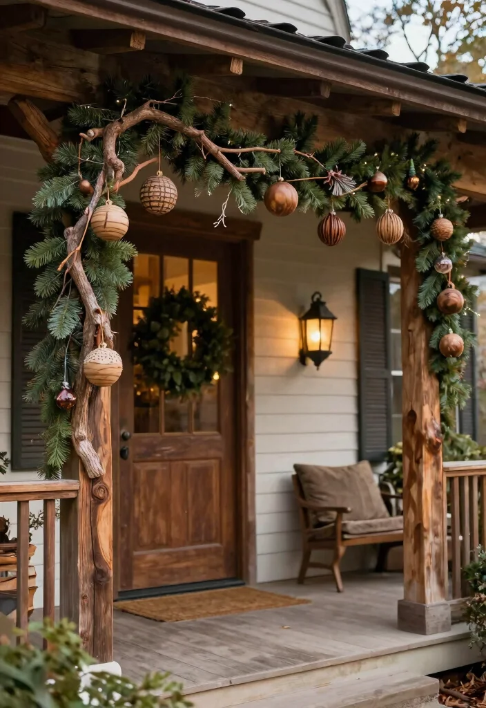 17 Front Porch Garland Christmas Ideas With Holiday Charm - 13. Natural Wood Elements 1