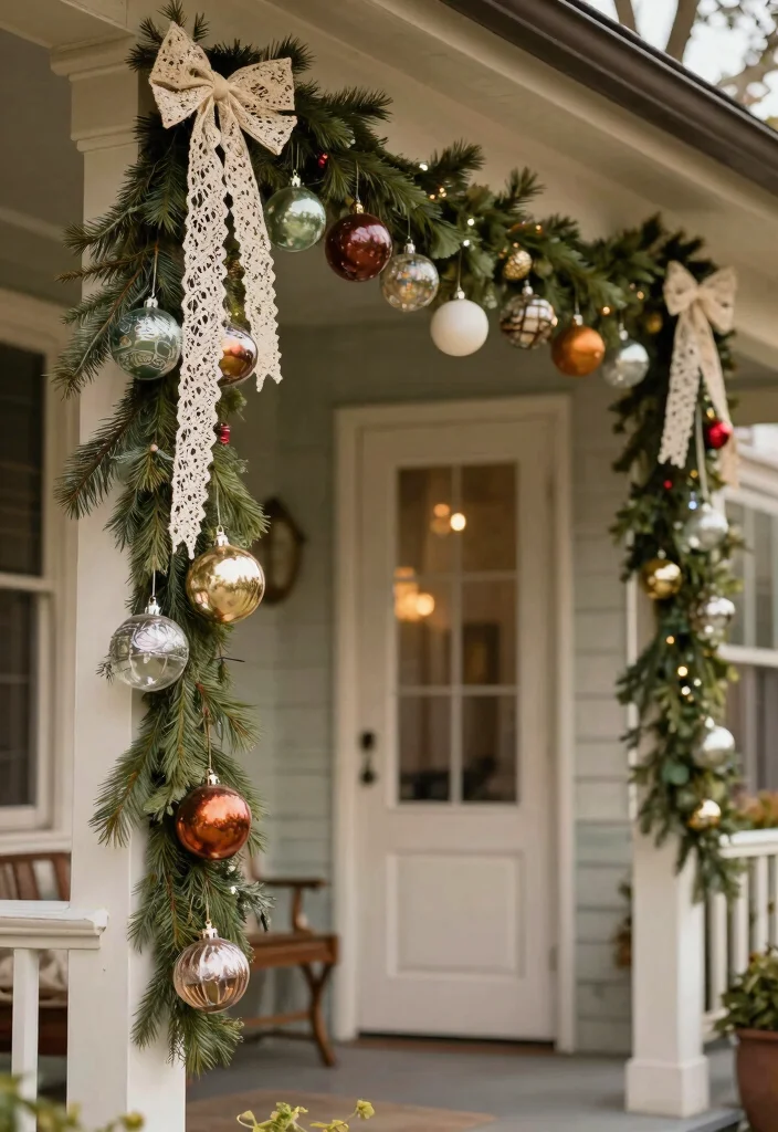 17 Front Porch Garland Christmas Ideas With Holiday Charm - 14. Vintage Ornament Touch 1