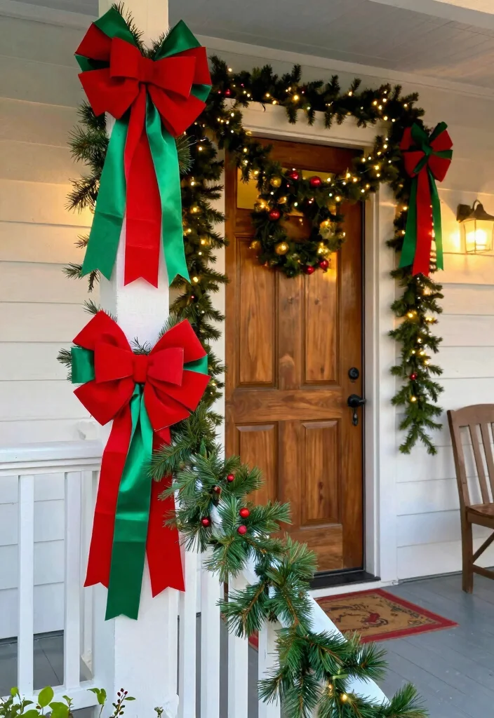 17 Front Porch Garland Christmas Ideas With Holiday Charm - 2. Festive Red and Green Ribbon Garland 1