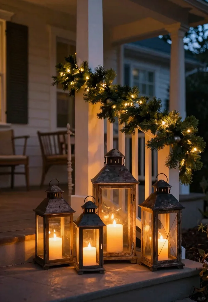 17 Front Porch Garland Christmas Ideas With Holiday Charm - 5. Rustic Lantern Accents 1