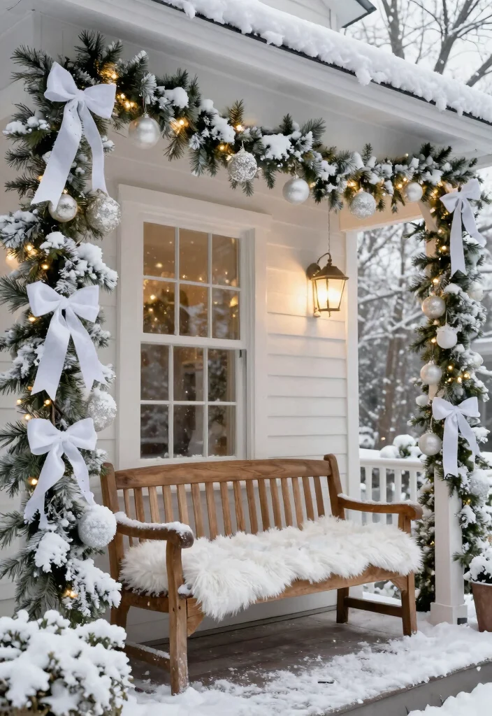 17 Front Porch Garland Christmas Ideas With Holiday Charm - 6. Snowy White Accents 1