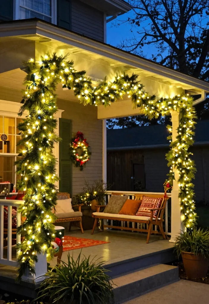 17 Front Porch Garland Christmas Ideas With Holiday Charm - 7. Whimsical String Lights 1